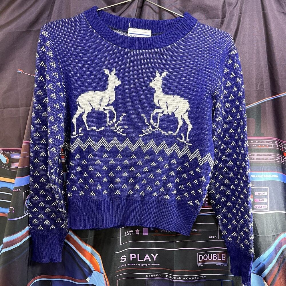 VINTAGE 80s 90s AVON FASHIONS Cropped Holiday Reindeer Sweater Women's Size S